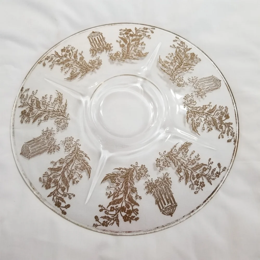 VTG 30's Paden City Glass Gazebo W Gold Etch Glass Round Platter 10.5